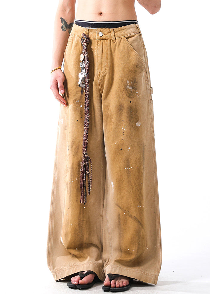 Khaki Hole Graffiti Pockets Denim Wide Leg Pants Fall