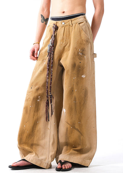 Khaki Hole Graffiti Pockets Denim Wide Leg Pants Fall