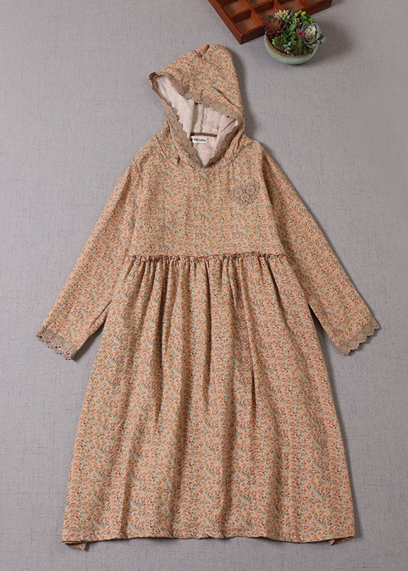 Khaki Hooded Print Cotton Holiday Dress Spring