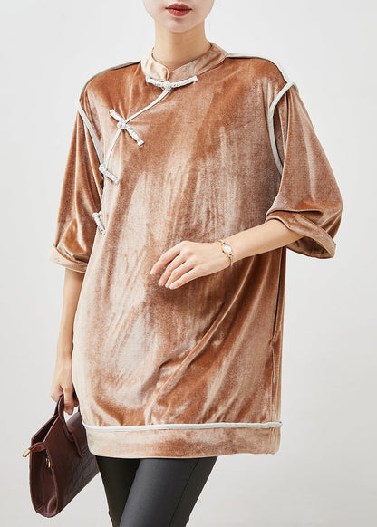 Khaki Mandarin Collar Chinese Button Silk Velour Shirt Top Half Sleeve