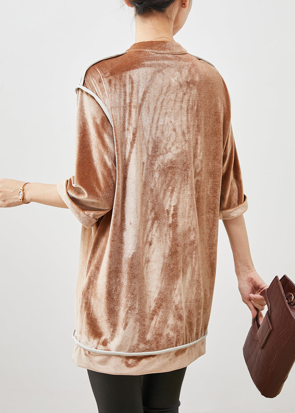 Khaki Mandarin Collar Chinese Button Silk Velour Shirt Top Half Sleeve