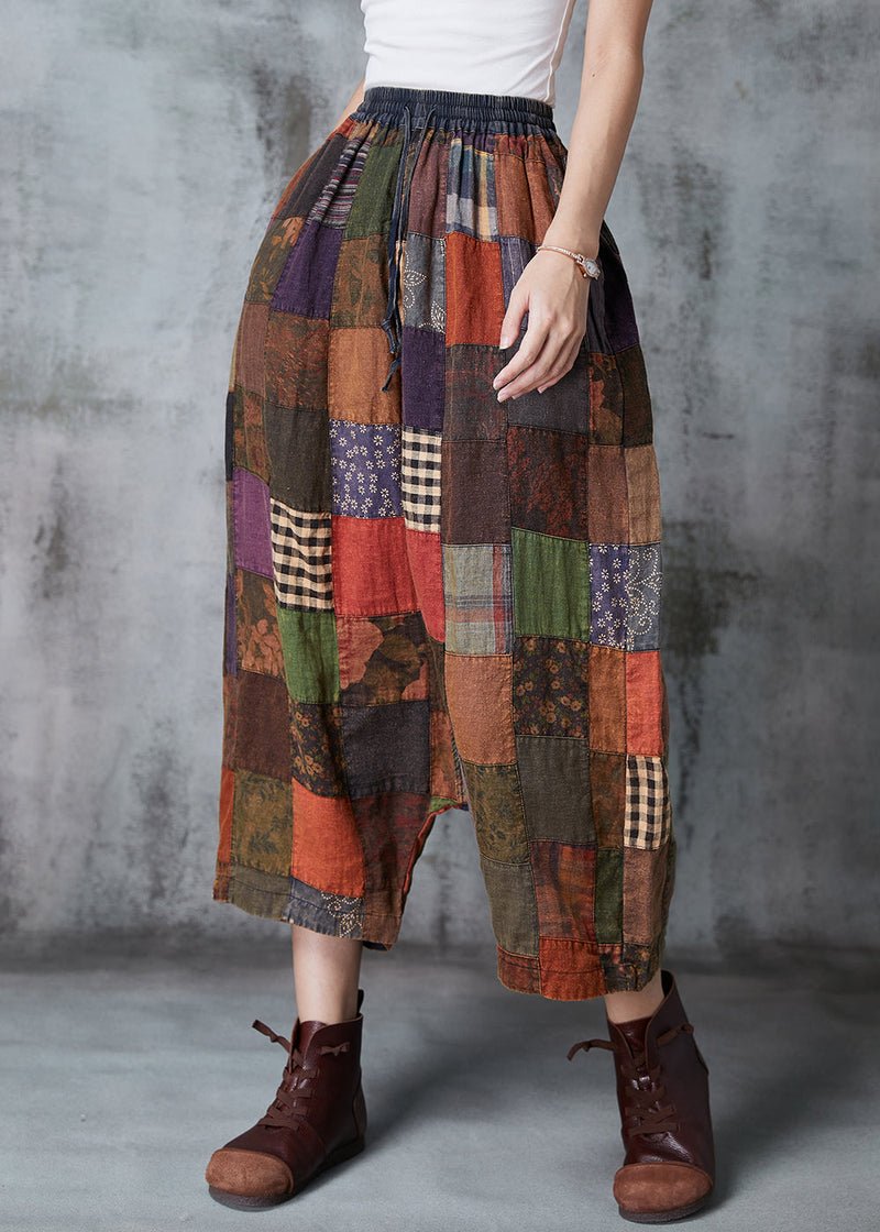 Khaki Oversized Patchwork Applique Cotton Harem Pants Spring