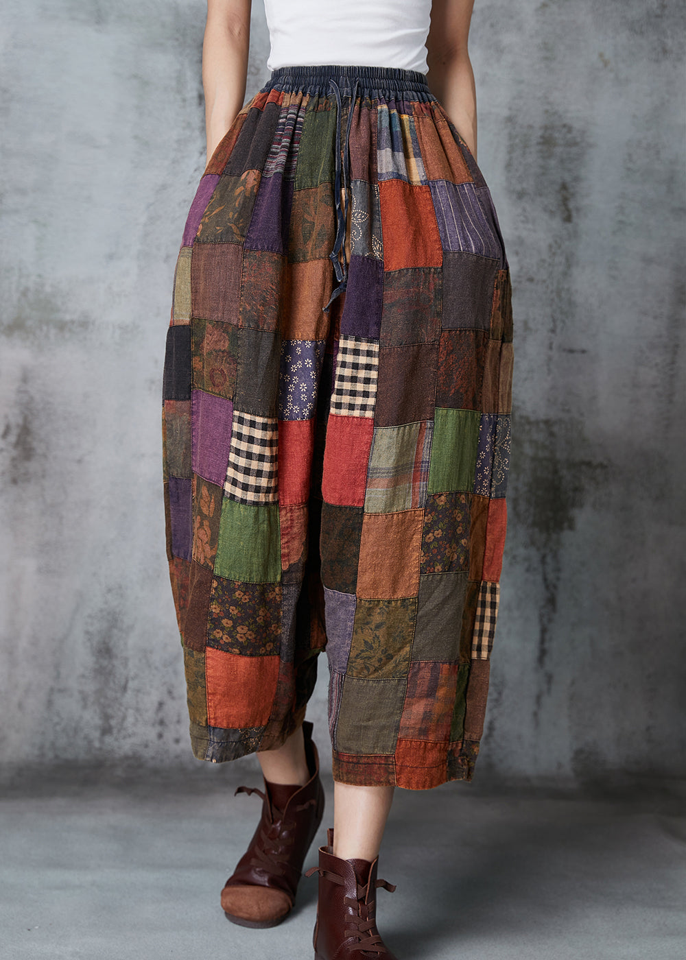 Khaki Oversized Patchwork Applique Cotton Harem Pants Spring