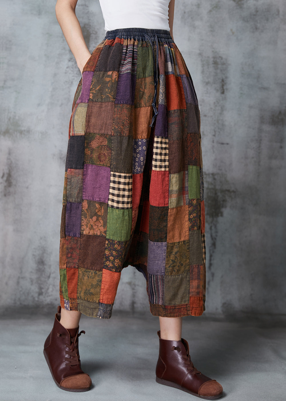 Khaki Oversized Patchwork Applique Cotton Harem Pants Spring