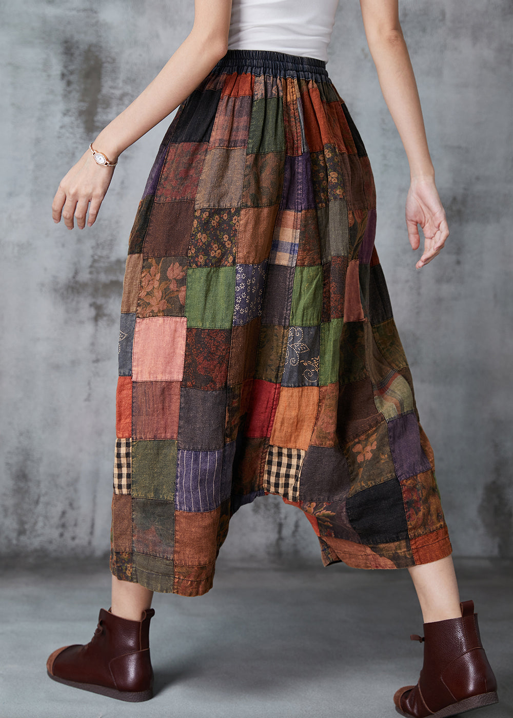 Khaki Oversized Patchwork Applique Cotton Harem Pants Spring