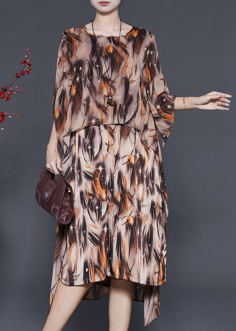 Khaki Oversized Print Chiffon Vacation Dresses Summer