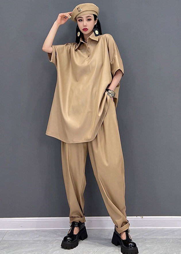 Khaki Peter Pan Collar Top and Pants Two Pieces Set Summer