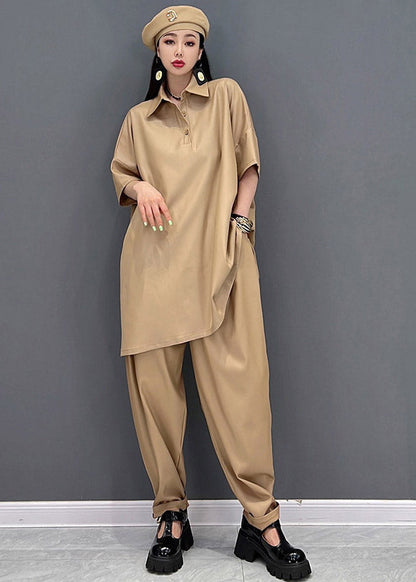 Khaki Peter Pan Collar Top and Pants Two Pieces Set Summer
