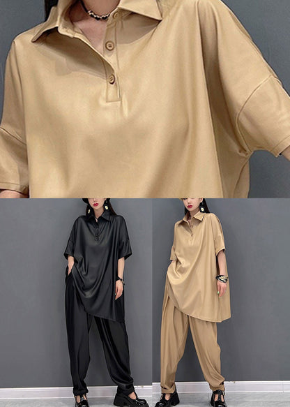 Khaki Peter Pan Collar Top and Pants Two Pieces Set Summer