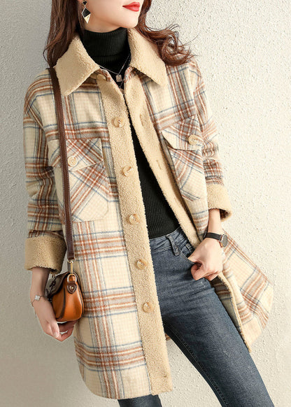 Khaki Peterpan Collar Plaid Winter Fleece Coat