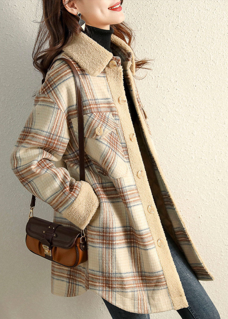 Khaki Peterpan Collar Plaid Winter Fleece Coat