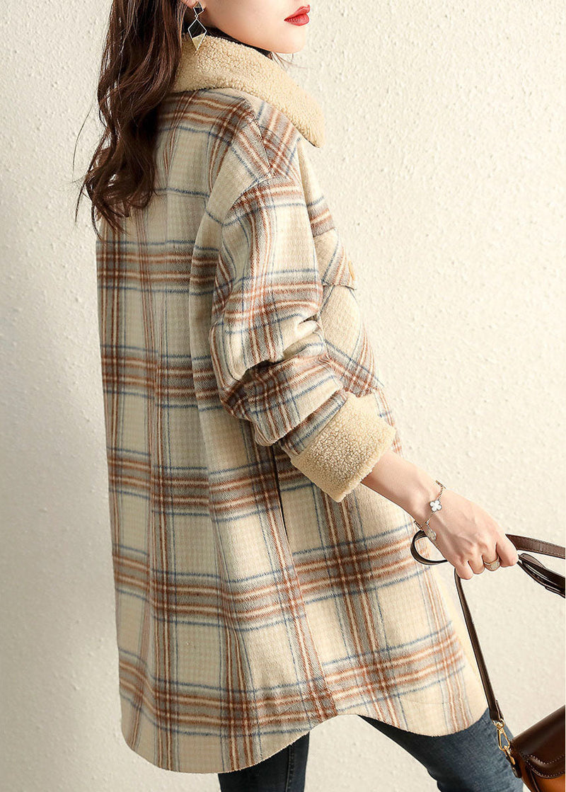 Khaki Peterpan Collar Plaid Winter Fleece Coat