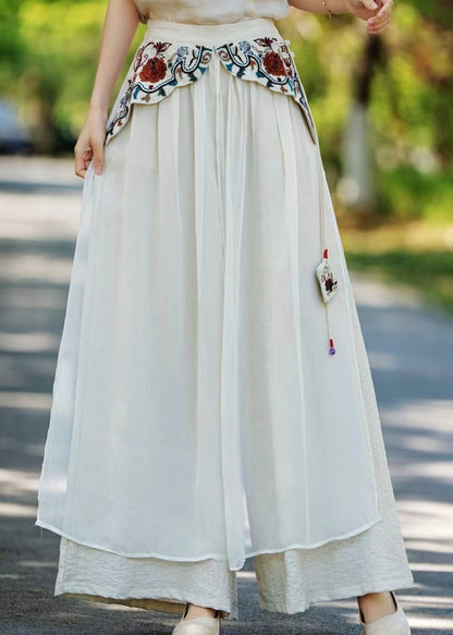Khaki Pockets Embroidered Patchwork Silk Pants Fall