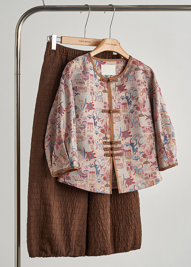 Khaki Print Chinese Button Cotton Jacket Spring