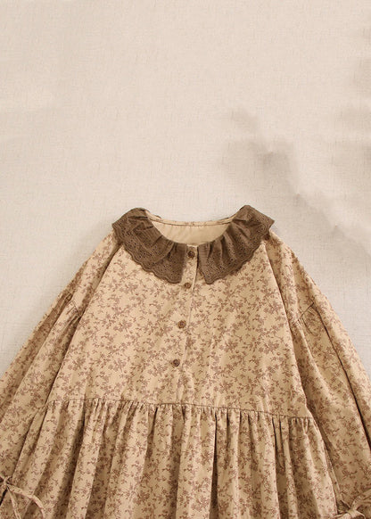 Khaki Print Lace Up Cotton Long Dresses Long Sleeve