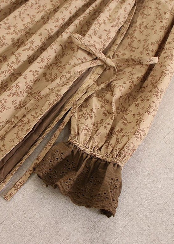 Khaki Print Lace Up Cotton Long Dresses Long Sleeve