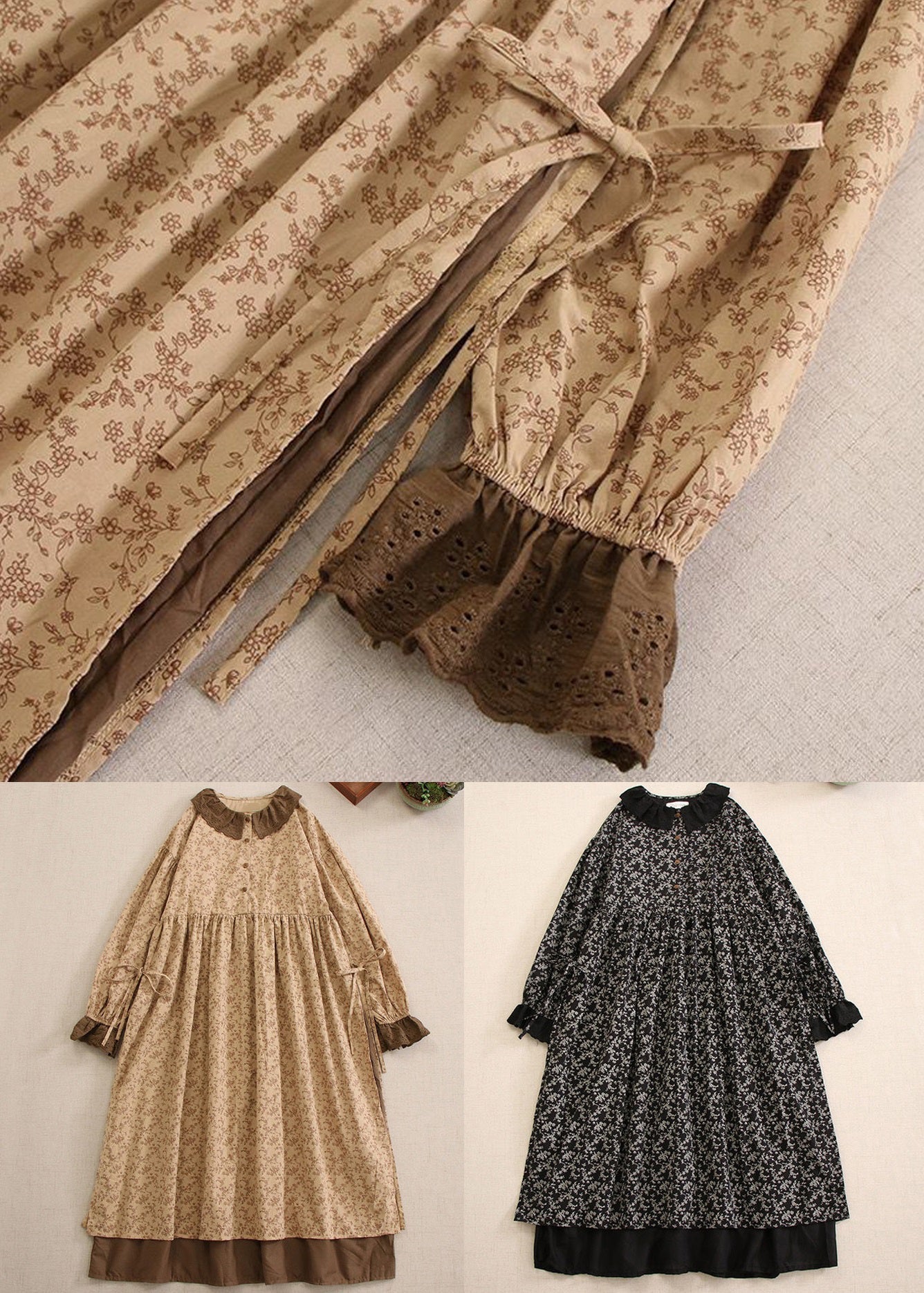 Khaki Print Lace Up Cotton Long Dresses Long Sleeve