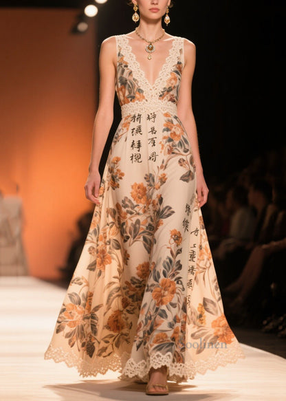 Khaki Print Patchwork Lace Chiffon Long Dresses Summer