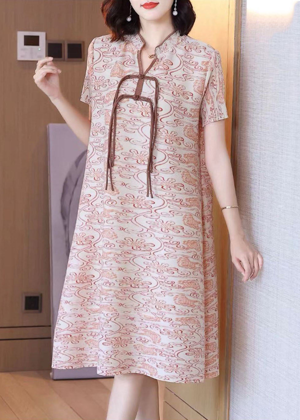 Khaki Print Tassel Side Open Silk a Line Dress Short Sleeve