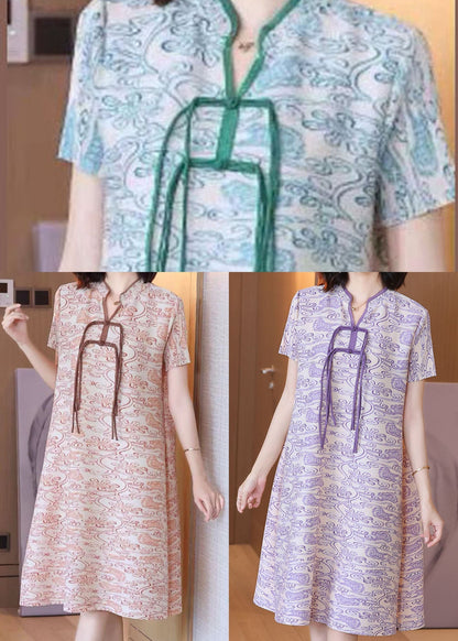 Khaki Print Tassel Side Open Silk a Line Dress Short Sleeve