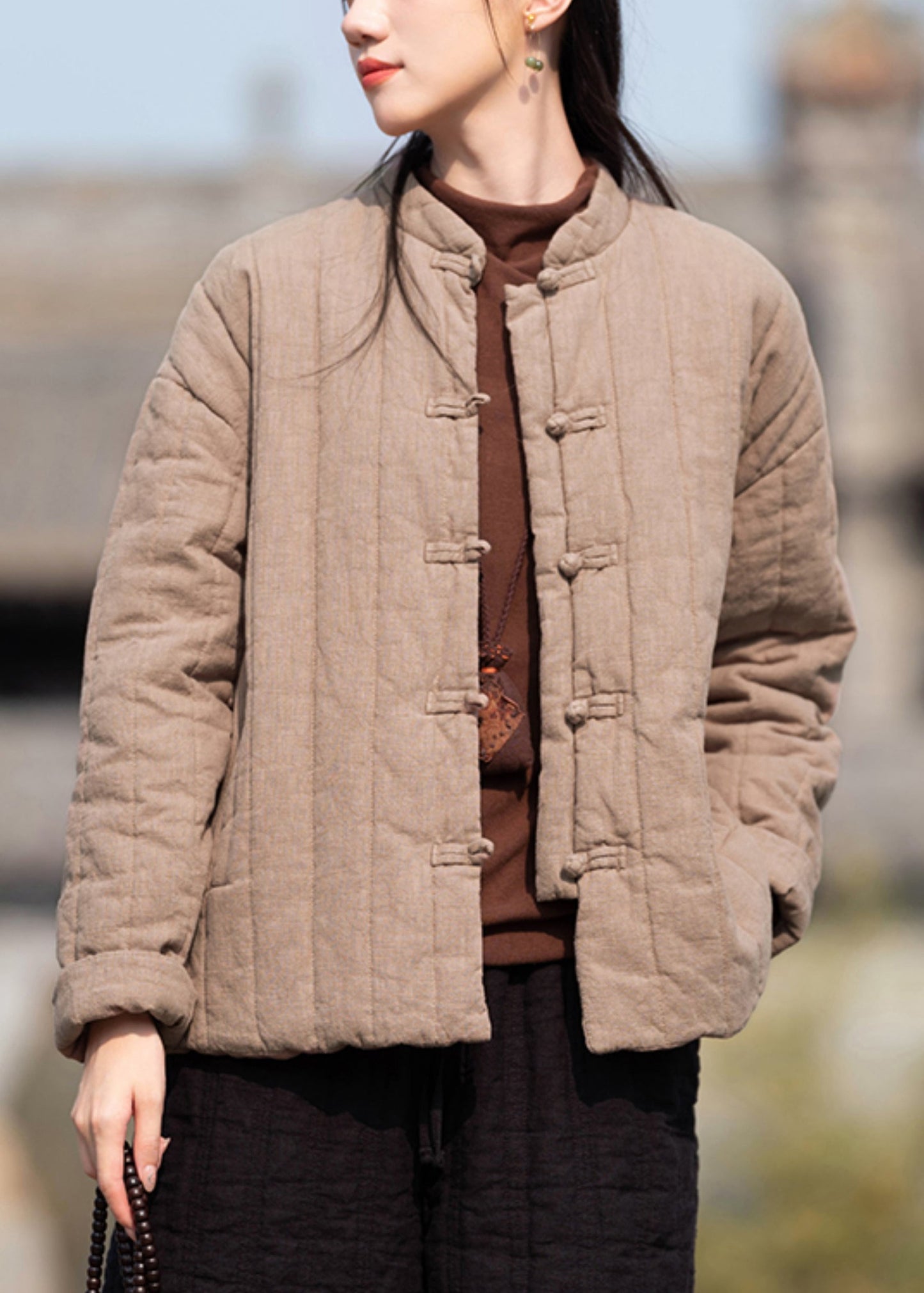 Khaki Stand Collar Button Pockets Cotton Filled Parkas Winter