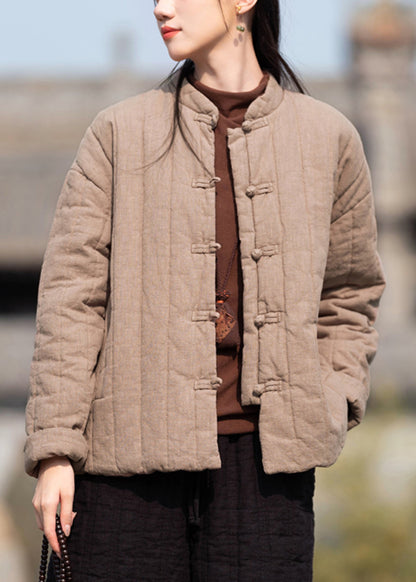Khaki Stand Collar Button Pockets Cotton Filled Parkas Winter