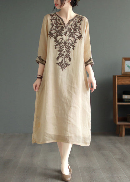 Khaki V Neck Embroideried Patchwork Linen Dress Summer