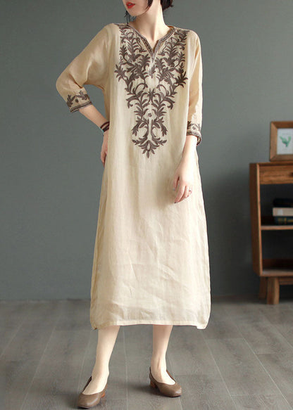 Khaki V Neck Embroideried Patchwork Linen Dress Summer