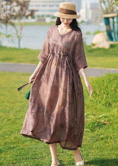 Khaki V Neck Print Tie Waist Patchwork Linen Dresses Summer