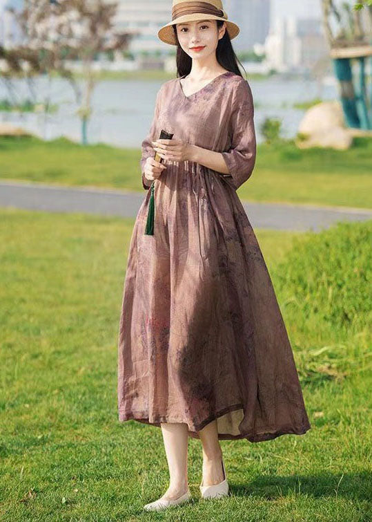 Khaki V Neck Print Tie Waist Patchwork Linen Dresses Summer