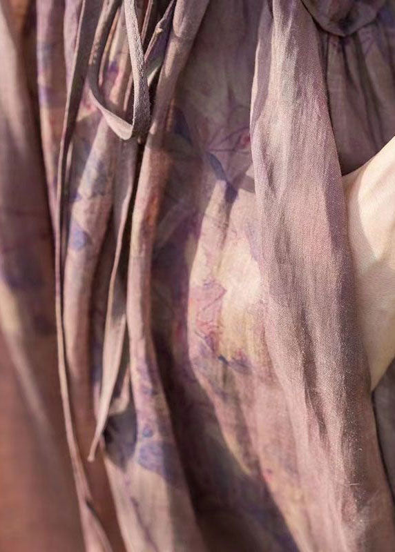 Khaki V Neck Print Tie Waist Patchwork Linen Dresses Summer