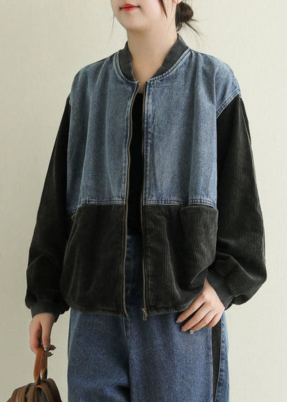 Khaki Zip Up Corduroy Patchwork Denim Coat Long Sleeve