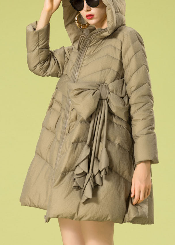 Khaki Hooded Zippered Bow Winter Duck Down Coat