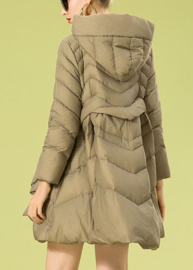 Khaki Hooded Zippered Bow Winter Duck Down Coat