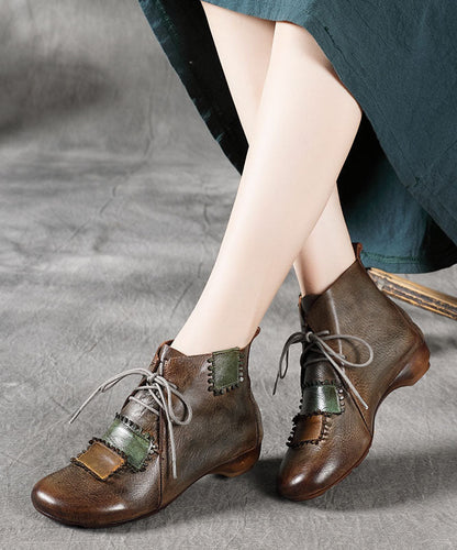 Lace Up Splicing Wedge Boots Camel Cowhide Leather