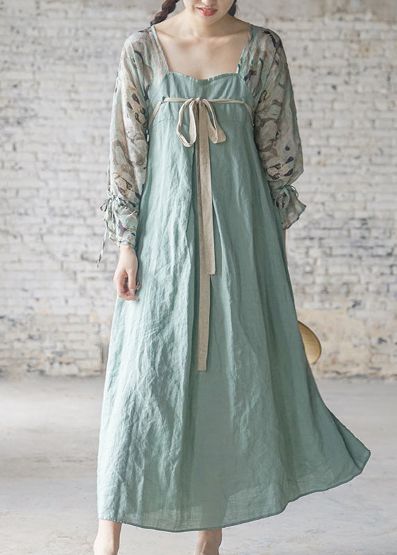 Light Blue Lace Up Print Patchwork Linen Long Dresses Long Sleeve