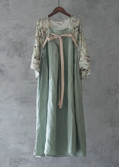 Light Blue Lace Up Print Patchwork Linen Long Dresses Long Sleeve