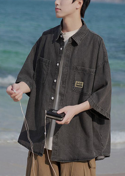 Light Blue Peter Pan Collar Button Pockets Denim Shirts Summer