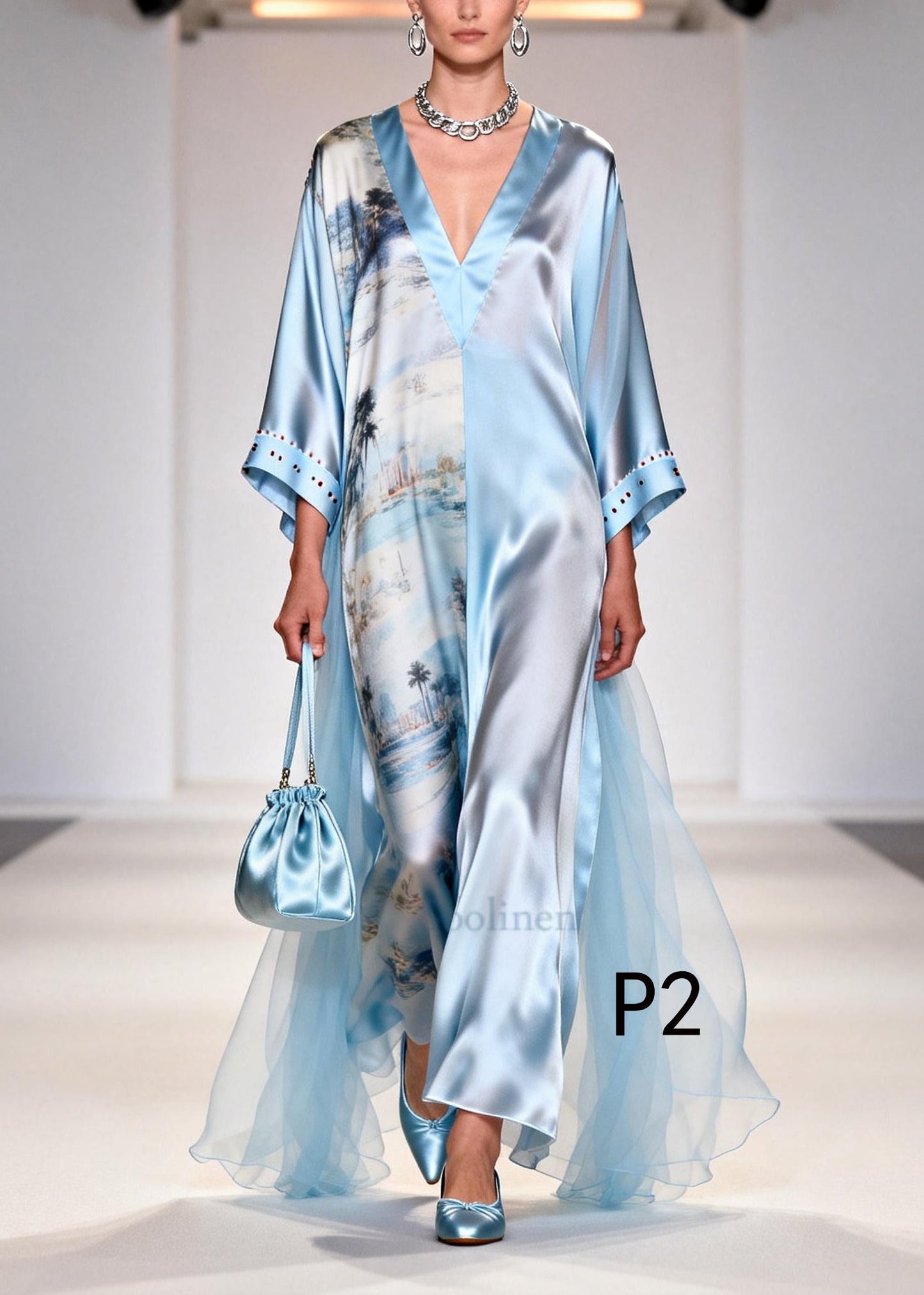 Light Blue Print Tulle Patchwork Rhinestone Dresses Summer