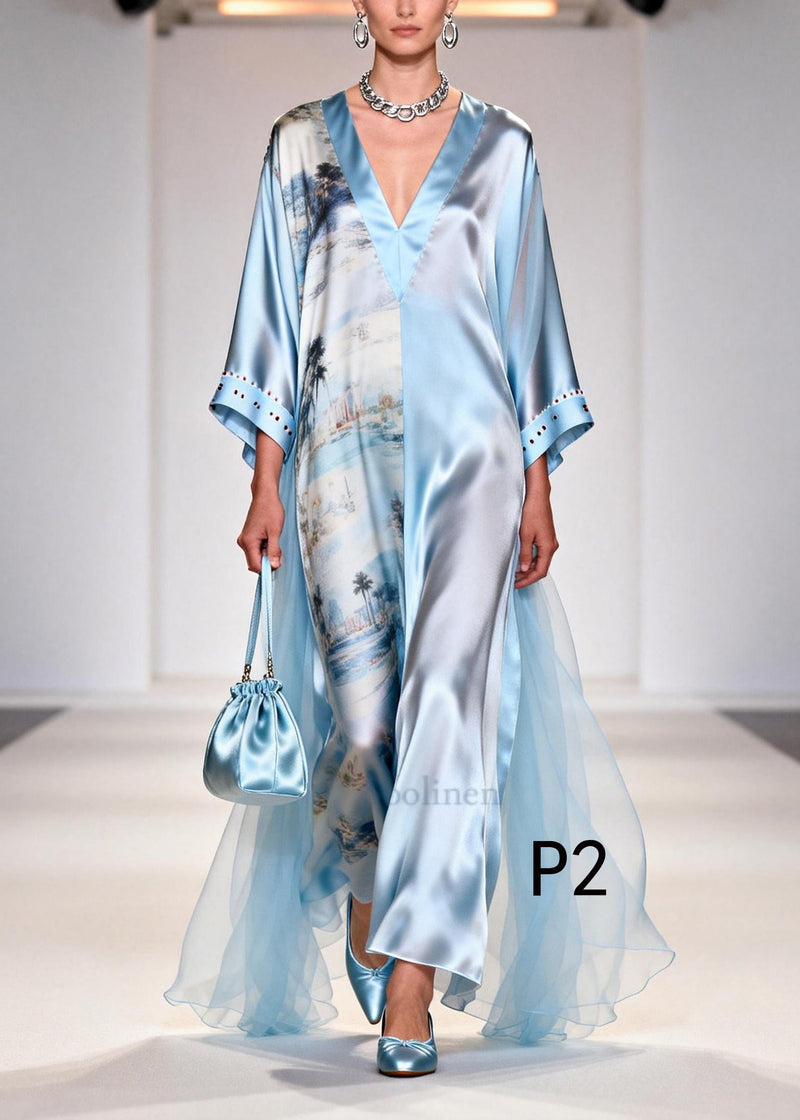 Light Blue Print Tulle Patchwork Rhinestone Dresses Summer