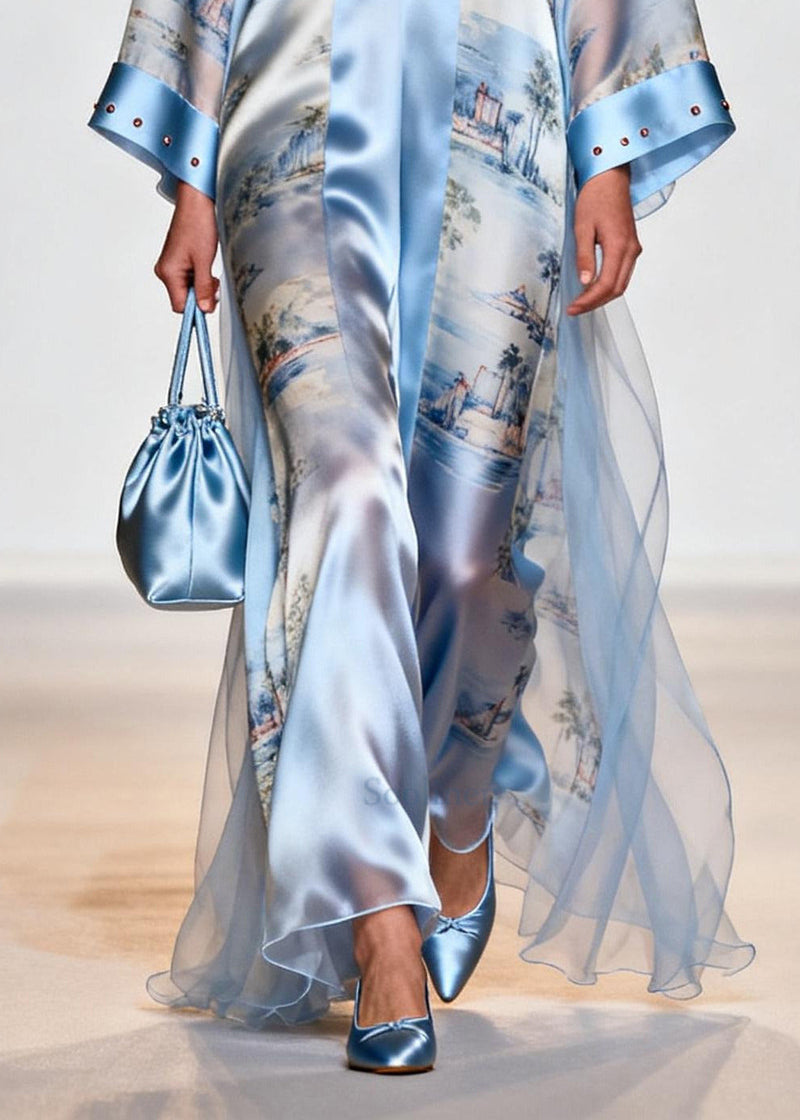 Light Blue Print Tulle Patchwork Rhinestone Dresses Summer