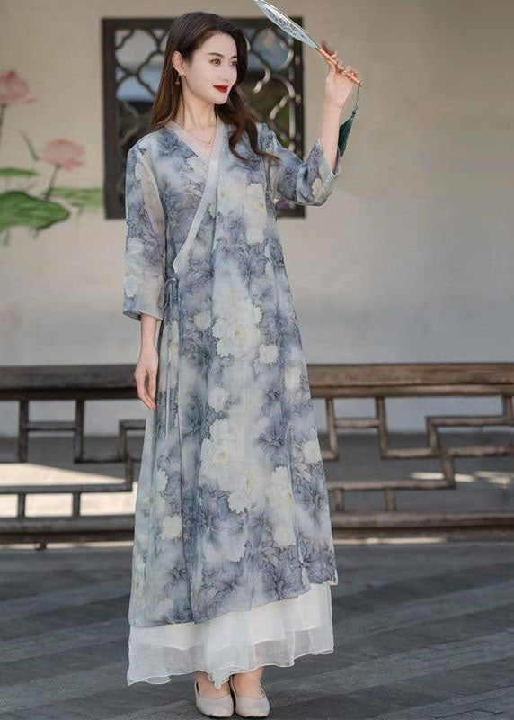 Light Blue V Neck Print Patchwork Linen Long Dresses Summer