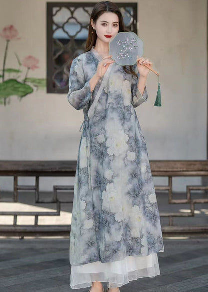 Light Blue V Neck Print Patchwork Linen Long Dresses Summer