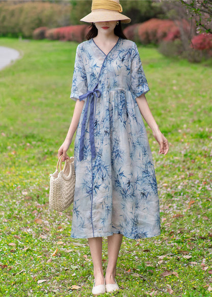 Light Blue V Neck Print Tie Waist Linen Holiday Dress Half Sleeve
