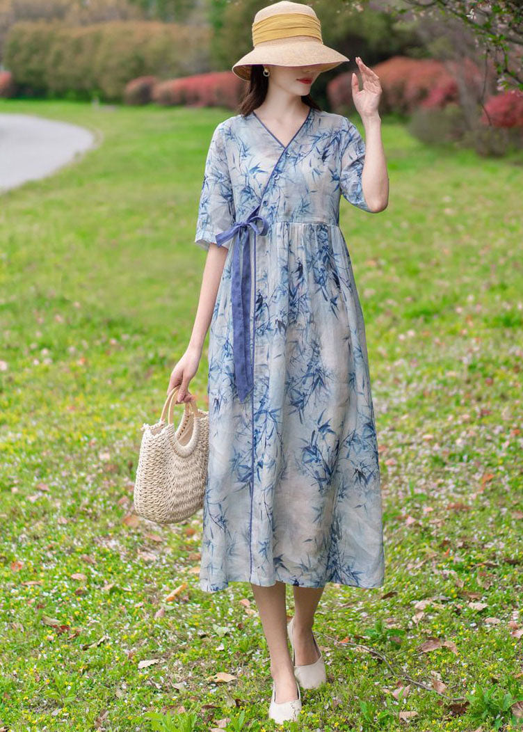 Light Blue V Neck Print Tie Waist Linen Holiday Dress Half Sleeve
