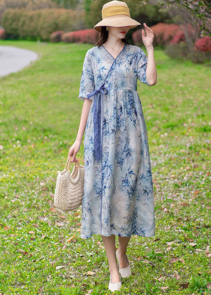 Light Blue V Neck Print Tie Waist Linen Holiday Dress Half Sleeve