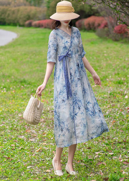 Light Blue V Neck Print Tie Waist Linen Holiday Dress Half Sleeve