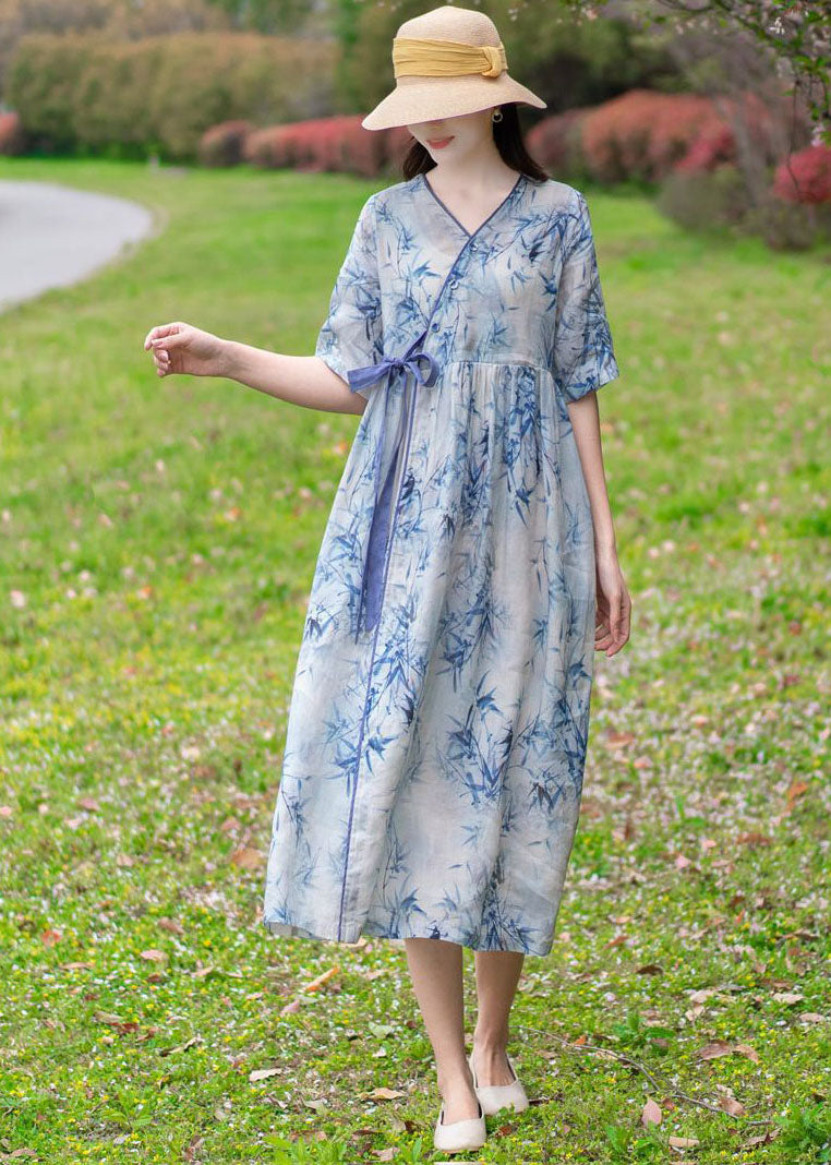 Light Blue V Neck Print Tie Waist Linen Holiday Dress Half Sleeve