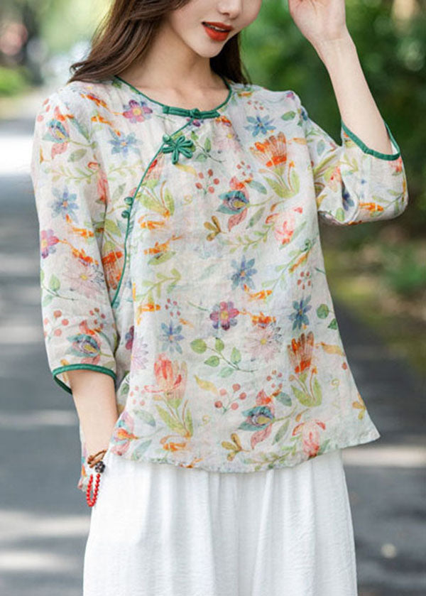 Light Green O Neck Print Linen Shirts Bracelet Sleeve