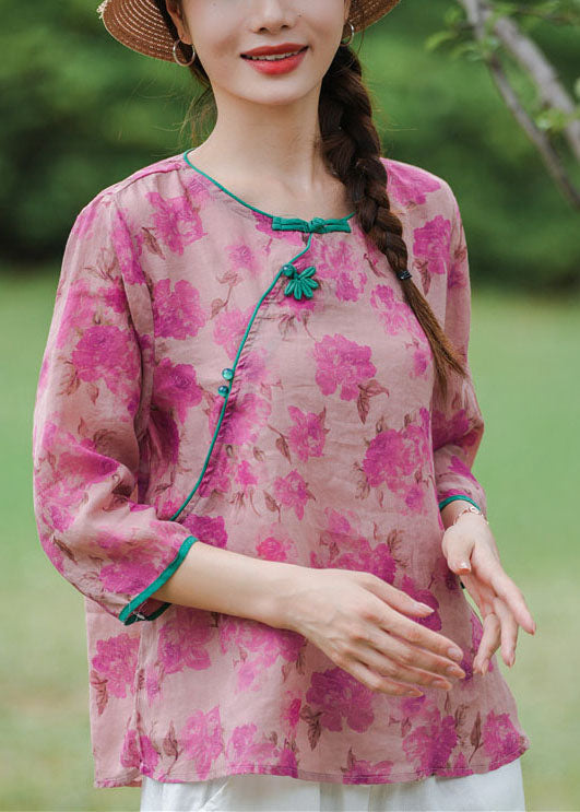 Light Green O Neck Print Linen Shirts Bracelet Sleeve